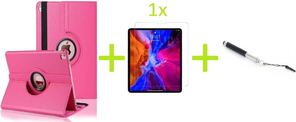 Geschikt voor Apple iPad Air 4 (2020) 10.9 inch Multi Stand Case - 360 Draaibaar Tablet hoesje - Tablethoes - Donkerroze + 1x Screenprotector +  Stylus