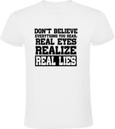 Real Eyes, realize, real lies Heren t-shirt | machine head  | liegen | leugens | dont believe | everything | you hear | kado | Wit