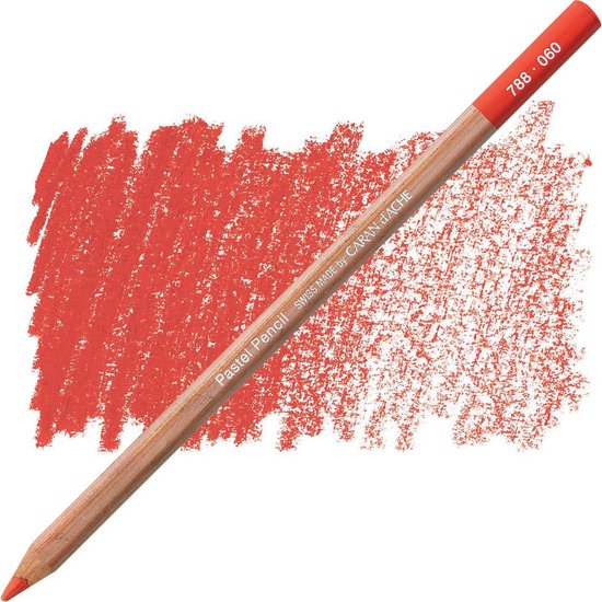 Caran d'Ache pastel potlood, vermiljoen rood, met een swatch van dezelfde kleur.