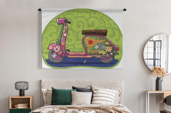 Tapisserie illustration Vespa - Illustration d'un scooter Vespa avec des fleurs Tapisserie coton 180x135 cm - Tapisserie avec photo