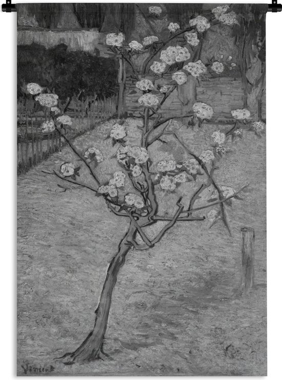 Wandkleed Vincent van Gogh - Perenboompje in bloei in zwart-wit - Schilderij van Vincent van Gogh Wandkleed katoen 120x180 cm - Wandtapijt met foto XXL / Groot formaat!