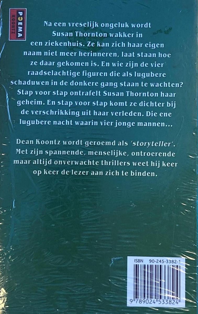 Achterkant boek "Huis Van De Donder" van Dean Koontz met ISBN en tekst over het verhaal en de auteur.