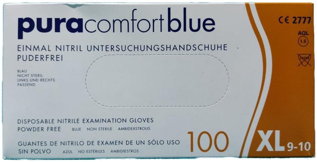 Puracomfort Wegwerphandschoenen Nitrile - Maat XL 9-10 - 100 stuks - Poedervrij - Blauw