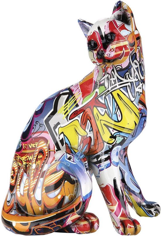 Beeld kat sculptuur poes - pop art polystone graffiti 29 x23 cm decoratie poezen