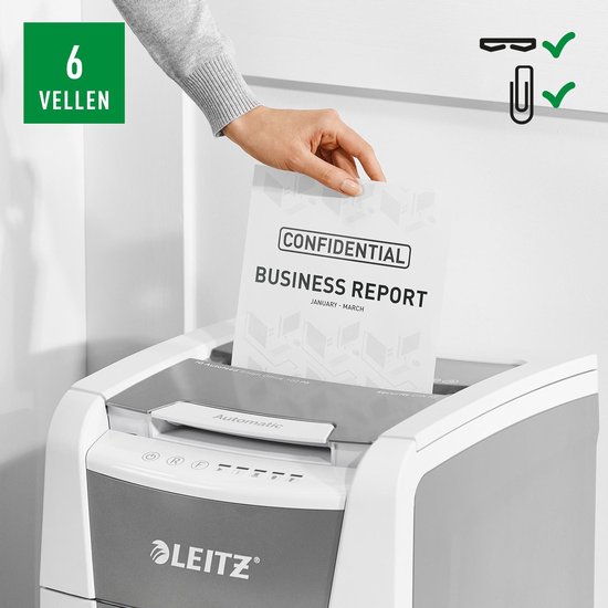 Grijze en witte Leitz papierversnipperaar. Hand wordt gezien die "CONFIDENTIAL BUSINESS REPORT" document invoert. "6 vellen" logo.