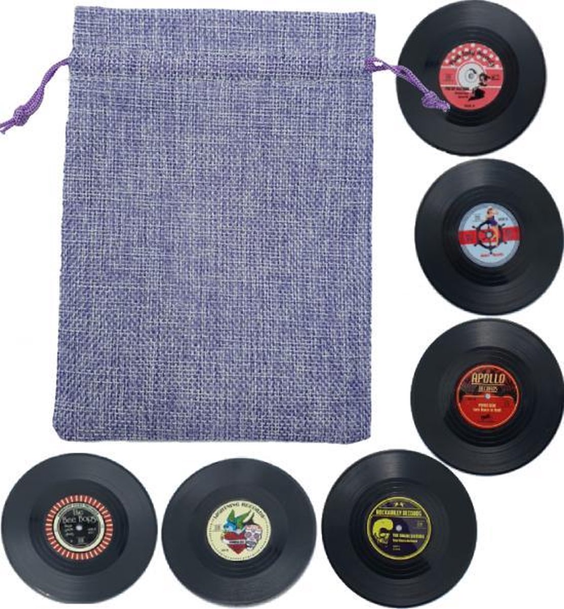 Retro Rockabilly LP Vinyl Onderzetters - 6 stuks - Met Paars Opbergzakje - oDaani