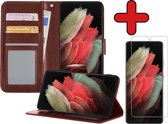 Samsung S21 Ultra Hoesje Book Case Met Screenprotector - Samsung Galaxy S21 Ultra Hoesje Wallet Case Portemonnee Hoes Cover - Bruin