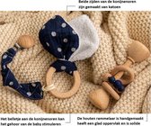 Babyset fopspeen Blue - Speenketting met clip - Houten rammelaar - Bijtring konijnenoor - Handmade