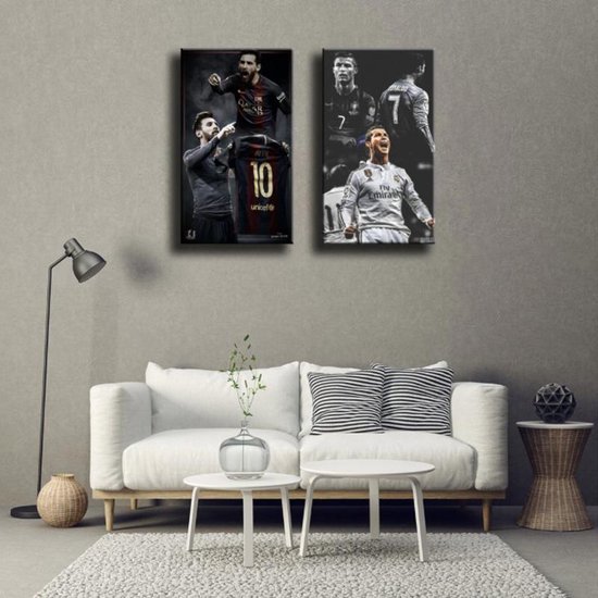 Allernieuwste 2-Delig Canvas Schilderij Voetbalsterren Ronaldo en Messie - Soccer - Poster - Set 2st 50 x 70 cm - Kleur - Allernieuwste