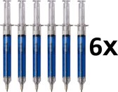 6 x Pennen Injectiespuit Balpen met Blauwe vloeistof, Pen in Spuit vorm Schrijft Zwart
