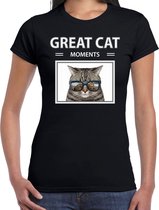 Dieren foto t-shirt grijze kat - zwart - dames - great cat moments - cadeau shirt katten liefhebber M