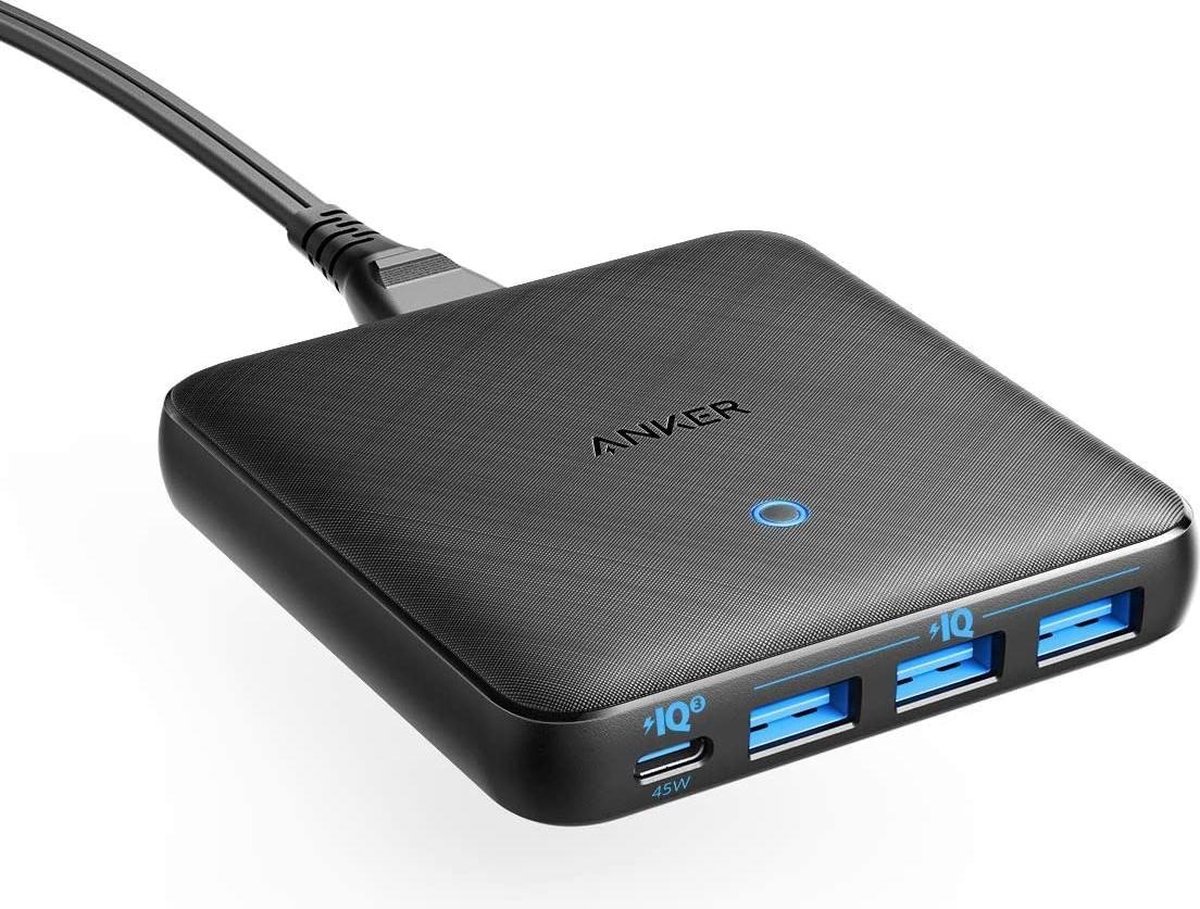 Anker PowerPort Atom III Slim USB-C-oplader, 65 W, 4-poorts PIQ 3.0 & GaN voeding met 45 W USB-C-ingang, voor MacBook, USB C laptops, iPad Pro, iPhone, Galaxy, Pixel en meer