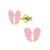 Joy|S - Zilveren vlinder oorbellen - 8 x 7 mm - roze - 14k goudplating