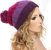 Trendy gebreide longbeanie muts met pompon kleur pink - lila - paars maat one size