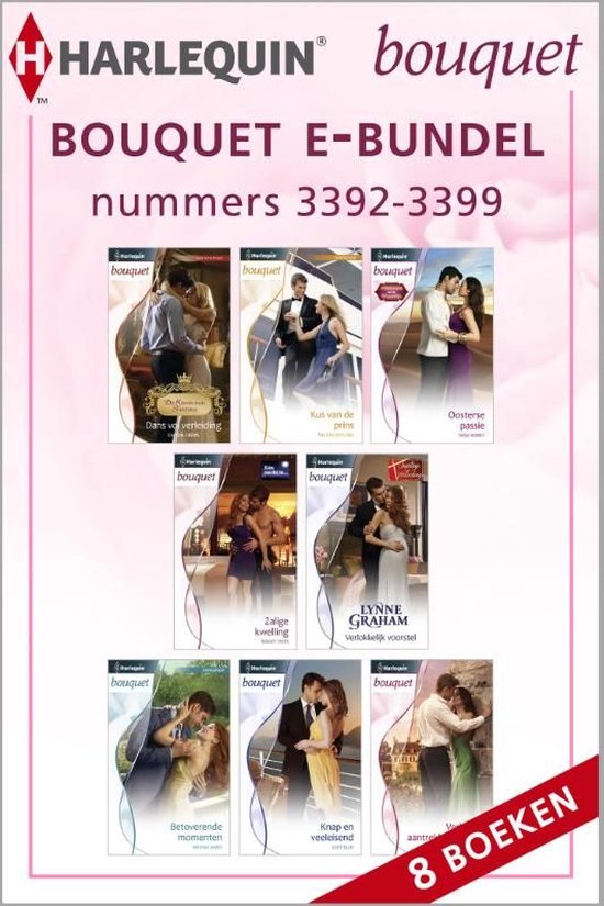 E-bundel met 8 Bouquet romans, nummers 3392-3399. Covers tonen romantische koppels.