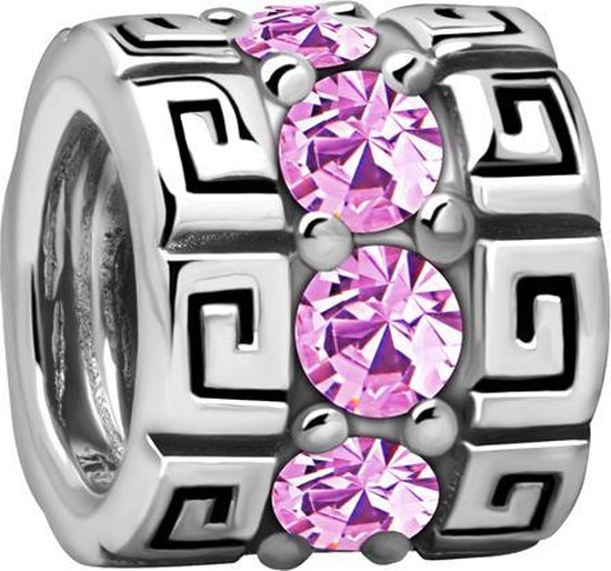 Quiges - 925 - Zilveren - Bedels -Sterling zilver - Beads - Grieks Patroon met Roze Zirkonia Kraal Charm - Geschikt – voor - alle bekende merken - Armband Z422