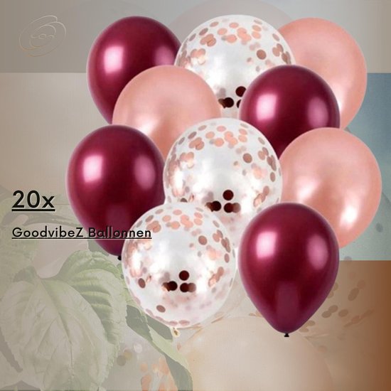20 x mix helium ballonnen | 8x bordeaux rood / 6x rose goud / 6x rose confetti [ Nu incl. GRATIS GoodvibeZ BLOEMENCLIP ]