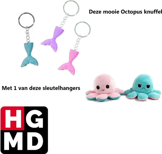 HGMD® Octopus knuffel Aqua roze  -Mood octopus - Octopus knuffel omkeerbaar – Reversible octopus knuffel - Inclusief sleutelhanger - HGMD®