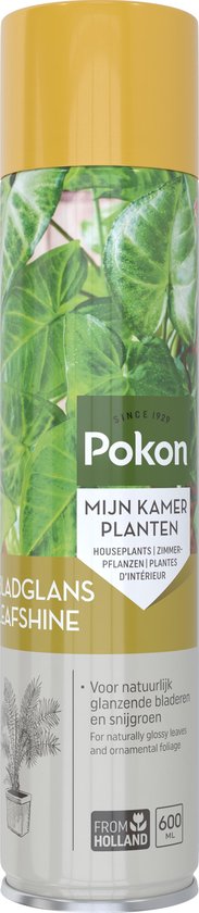 Pokon Bladglans met gele dop. Grote groene bladeren op de bus. Inhoud 600 ml.