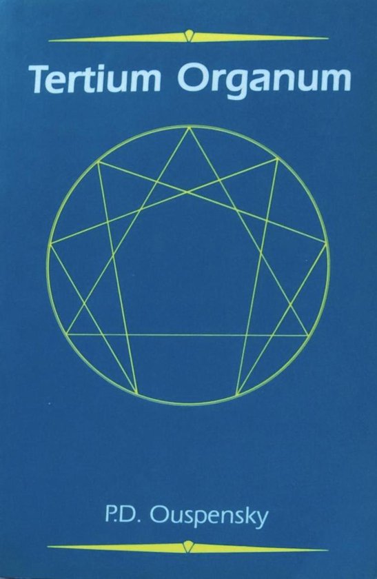 Tertium Organum boek met de tekst 'Tertium Organum' en een geometrisch symbool op een blauwe achtergrond.