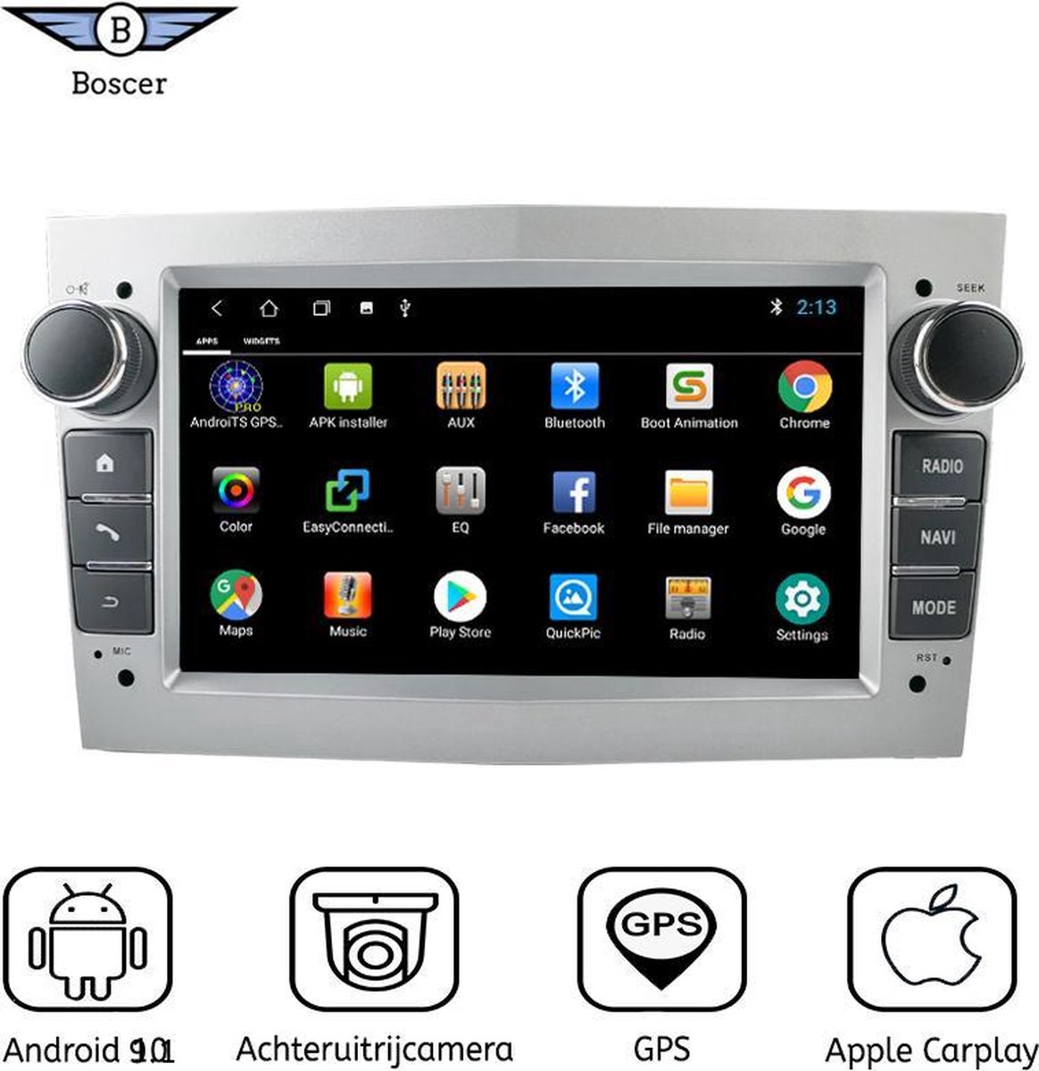 Boscer® Autoradio - Geschikt voor Opel - Android 11 - Apple Carplay - Android Auto - Navigatiesysteem - Zilver - Achteruitrijcamera