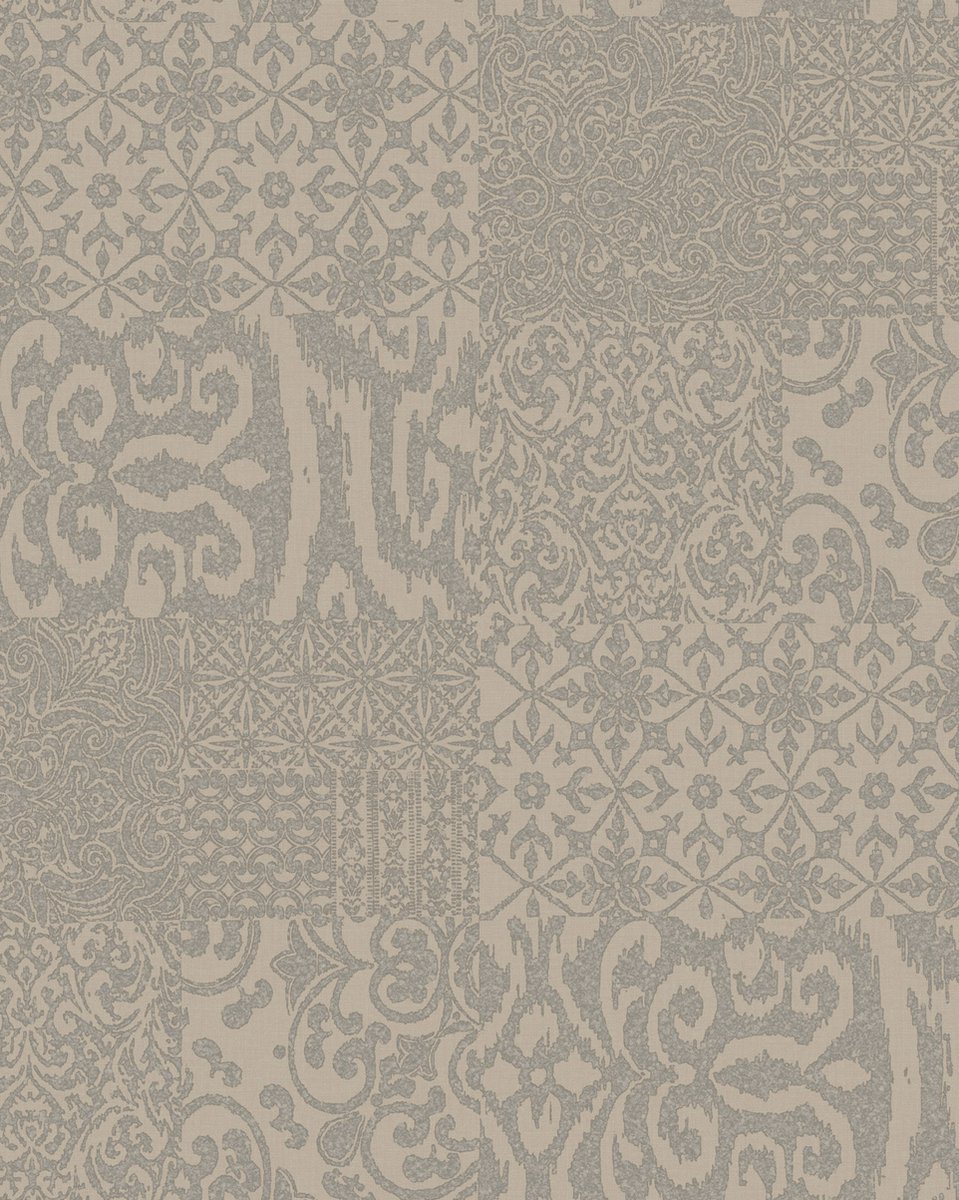 Barok behang Profhome VD219148-DI vliesbehang hardvinyl warmdruk in reliëf gestempeld in collage stijl glanzend beige taupe 5,33 m2