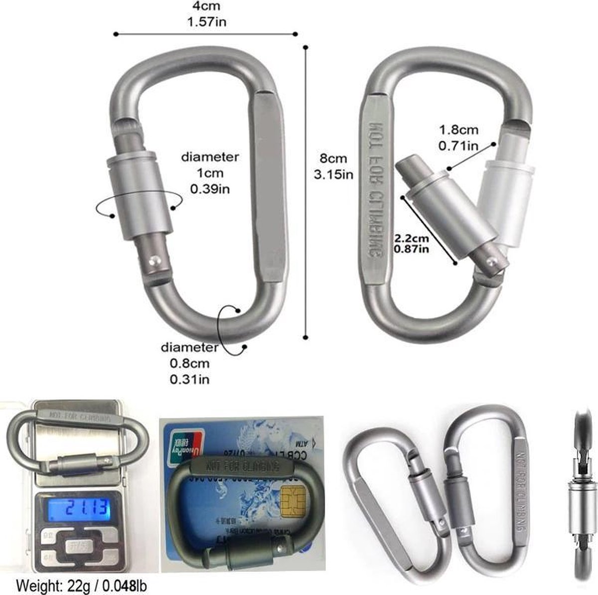 FresKaro 5 stuks karabijnhaak clips, caribeener clip Heavy Duty, kleine stevige sleutelhanger accessoire, Spring Snap Wire-gate haak, 8kN 816kg, voor wandelen, kamperen, vissen, niet voor klimmen