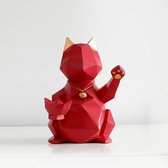 BaykaDecor - Maneki Neko Kat Beeldje - Origineel Gelukskat - Decoratieve Opbergschaal - Origami Geometrische Kunst - Rood - 22 cm