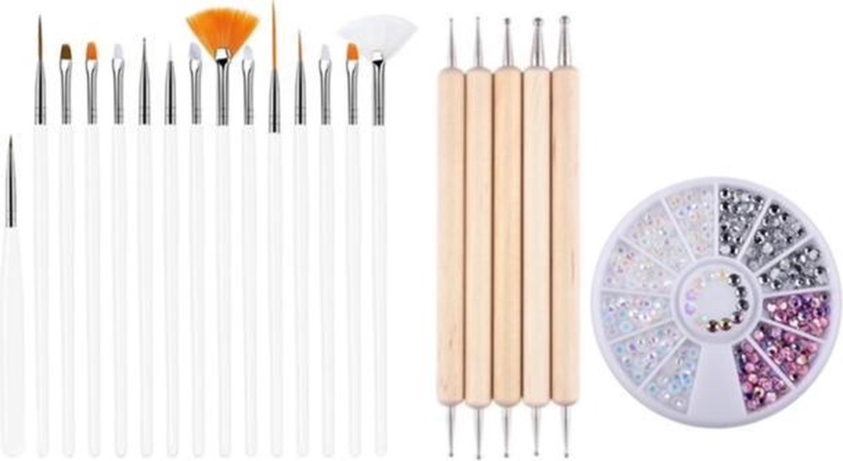 Goedkoopste GUAPÀ - Nagel Penselen Set Wit Rhinestones Parelmoer Druppel & Dotting Pennen - Nail Art, Acryl & Gel Nagels - 3 Delige Set