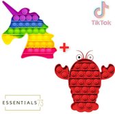 ESSENTIALS73 Fidget Pop It Set van 2: Unicorn Regenboog + Kreeft - TikTok - Rainbow - Eenhoorn - Lobster