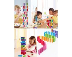 Boby 3-in-1 Hoogwaardig Beukenhout! stapelspel blokken 72 delige & Domino's & Kleuren matching game - Bouwstenen - Toren, stapelspel, fijne motorische bouwstenen met dobbelstenen, leisteen, Montessori, familiefeest, games voor kinderen/volwassenen