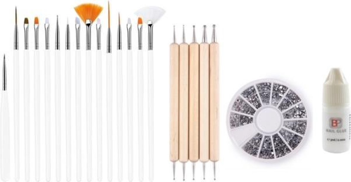 Goedkoopste GUAPÀ - Nagel Penselen Set Wit Rhinestones Zilver Druppel & Dotting Pennen Nagellijm - Nail Art, Acryl & Gel Nagels - 4 Delige Set