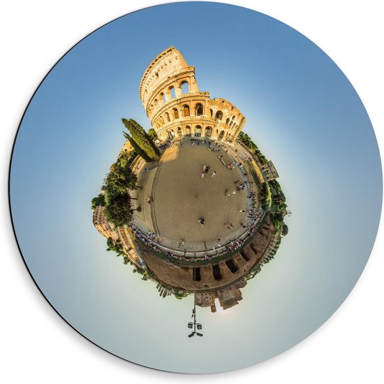 Dibond Wandcirkel - Colosseum in Rome op Wereldbol - 50x50cm Foto op Aluminium Wandcirkel (met ophangsysteem)