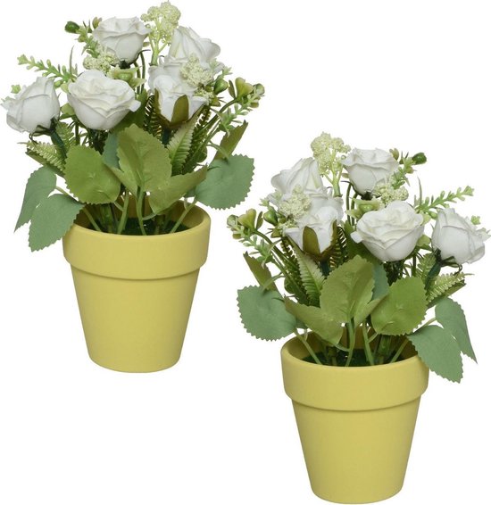 3x plantes artificielles fleurs blanches / roses en pot plastique jaune 19  cm - Fausse... | bol.com