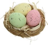 Decoratie vogelnestje met 3 gekleurde eieren 9 x 5  cm - Pasen voorjaar thema versiering