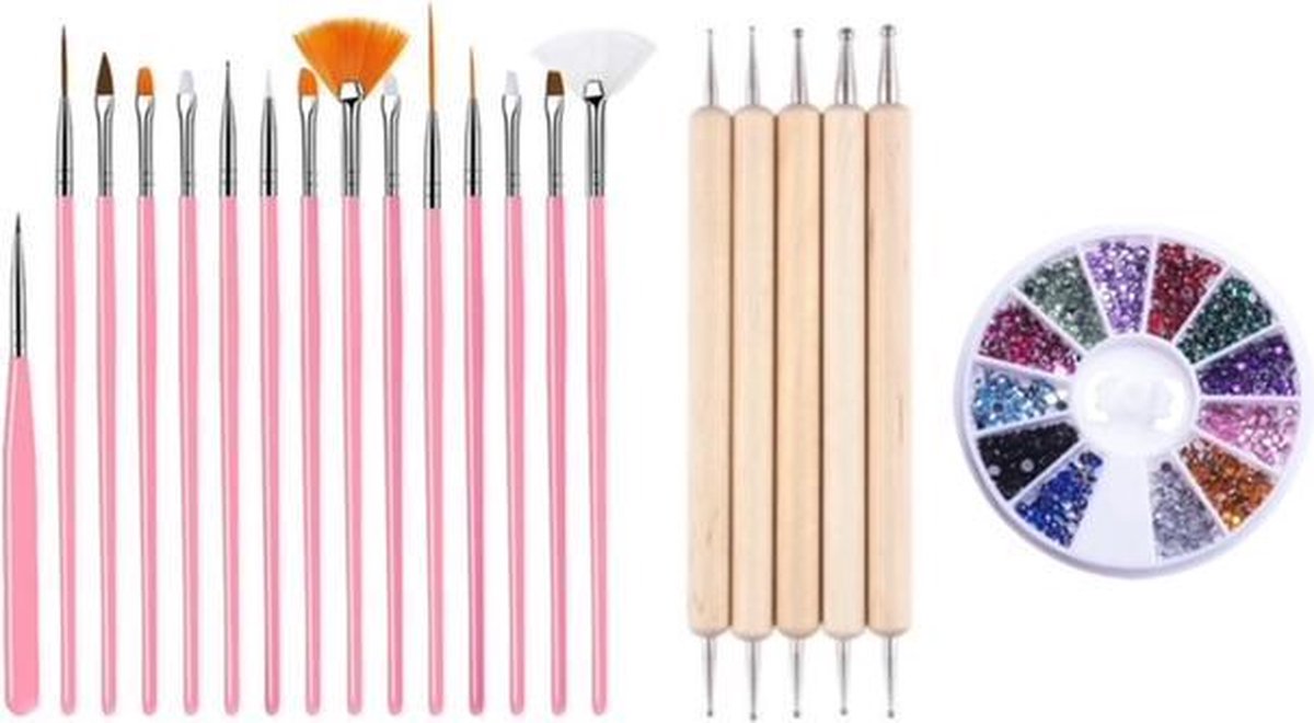 Goedkoopste GUAPÀ - Nagel Penselen Set Roze Rhinestones Diverse Kleuren Druppel & Dotting Pennen - Nail Art, Acryl & Gel Nagels - 3 Delige Set