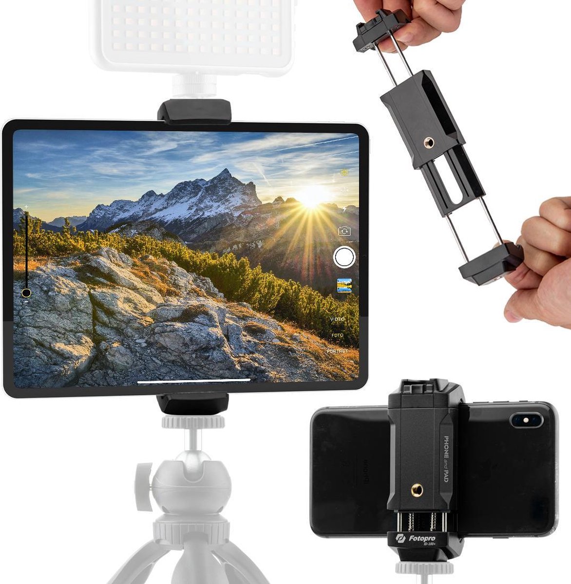 Fotopro ID-100+ Telefoon- & Tablethouder — Voor telefoon of tablet tot 18,3 cm breed — met Cold Shoe-mount en 1/4 inch schroefgat voor microfoon/videolamp — Zwart