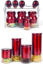 12 Delig Luxe Voorraadbussen set - Kruidenbussen  - Glas combinatie RVS  - Kruidenpotten - Met Staander - Kruidenstrooiers - Kleur Rood / Bordeaux
