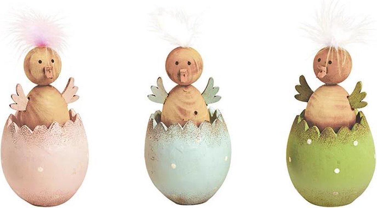 Set van drie kuikens uit ei van hout - Paasdecoratie - roze, blauw en groen