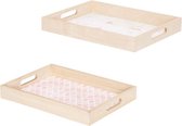 (2 stuks) Dienblad Rechthoek - Plateau - Hout - Bloemen Roze - Groot 40x30xh5cm - Klein 36x26x4.5cm