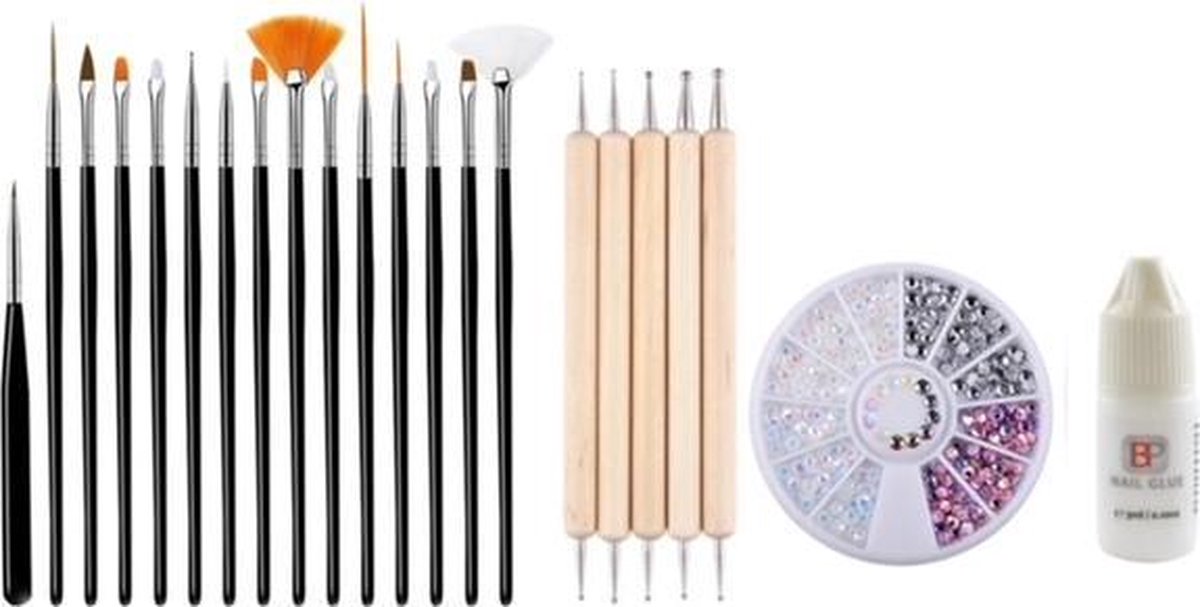 Goedkoopste GUAPÀ - Nagel Penselen Set Zwart Rhinestones Parelmoer Druppel & Dotting Pennen Nagellijm - Nail Art, Acryl & Gel Nagels - 4 Delige Set