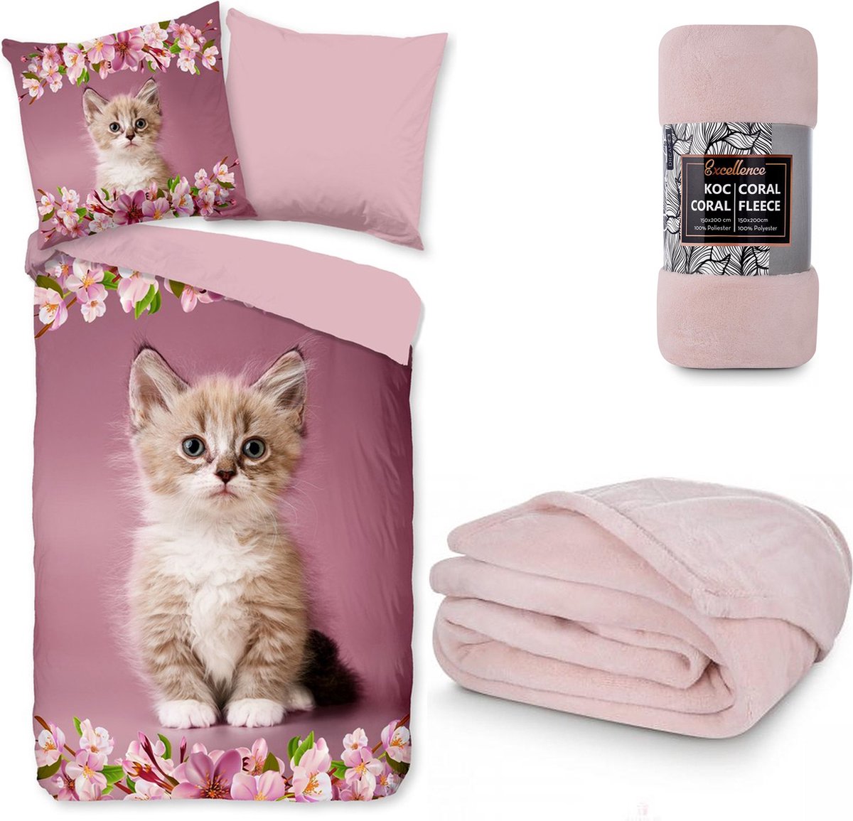 Dekbedovertrek Poes- Kitten- roze- bloemen- 140x200/220- Katoen- incl. oudroze fleece deken 150x200cm- zacht en extra warm!