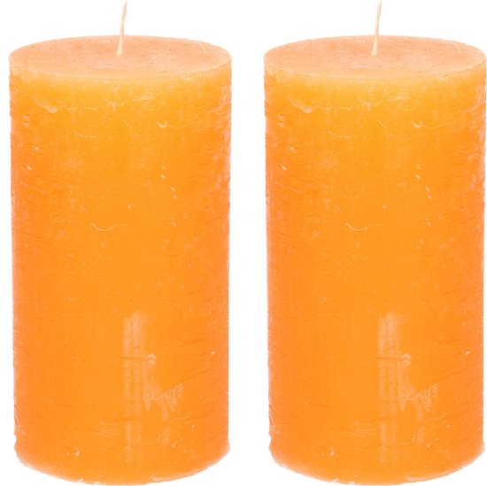 Stompkaars/cilinderkaars - 2x - oranje - 7 x 13 cm - rustiek model