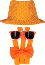 Carnaval verkleed set compleet - glitter hoedje/bretels/party bril/strikje - oranje - heren/dames - verkleedkleding