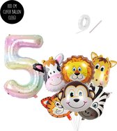 Cijferballon 5 | Jungle Safari Dierenhoofden Ballonen Boeket van Snoes - Helium Geschikt, Kleur Gradient