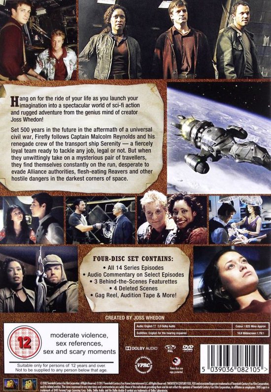 Achterkant dvd-hoes van de serie Firefly, met de cast en een ruimteschip.
