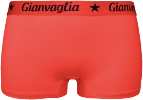 Rode boxershort met zwarte elastische band met "Gianvaglia"-logo en sterren.