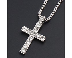 Ketting met Kruis Hanger - Diamantjes (Zirkonia) - Zilver Kleurig - Kettingen Heren Dames - Valentijnsdag - Valentijn Cadeautje voor Hem