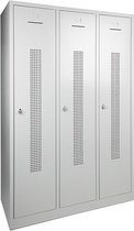 ABC Kantoormeubelen garderobekast perfo deur breed 89cm .sluiting met hangoogsluiting. aantal deuren 3. op de sokkel en kleur deur lichtgrijs