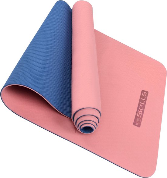 Foto: Db skills yoga mat 6mm fitness mat sport mat yogamat anti slip duurzaam tpe materiaal nu met gratis draagtas en draagriem kleur roze blauw